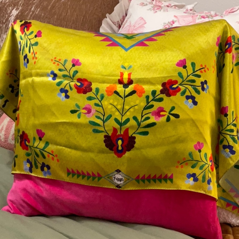 Vibrant Floral Silk Scarf in Chartreuse and Pink